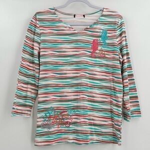 Bua Bua Women’s Multicolored 3/4 Sleeve Cotton Tee Seahorse Motif Size Medium